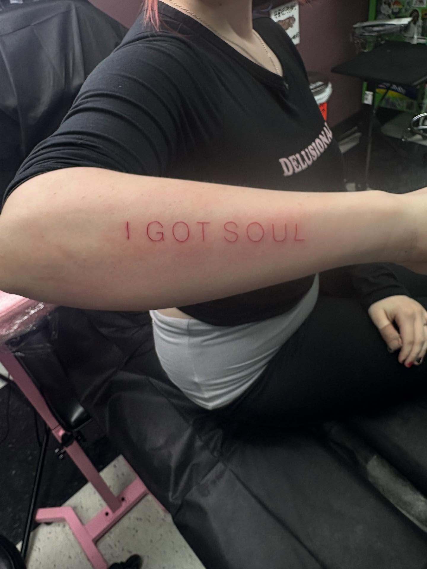 I GOT SOUL lettering script tattoo on the forearm by Joe ⋆₊⋆☢︎⁺₊⚠︎₊⋆