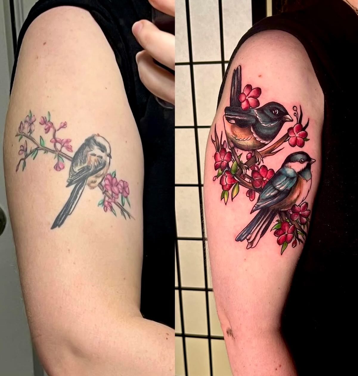Birds and blossoms realism tattoo on the forearm by Haleigh Cunningham, Charlotte, North Carolina