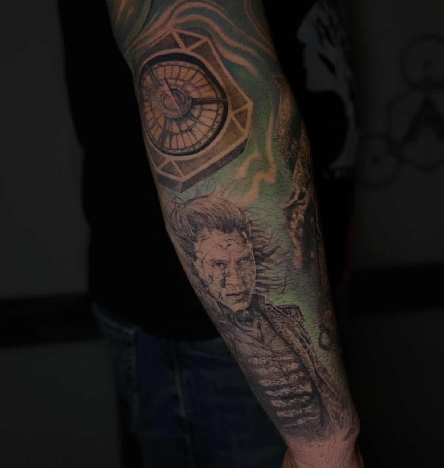 Portrait of a man realism tattoo on the forearm by Dominick Cali, East Islip, New York