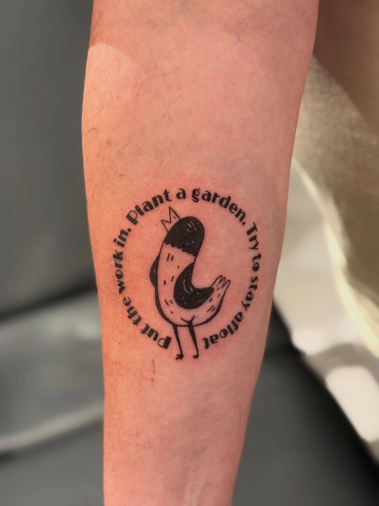 Bird and moon black and grey tattoo on the forearm by Emily, Monticello, Iowa
