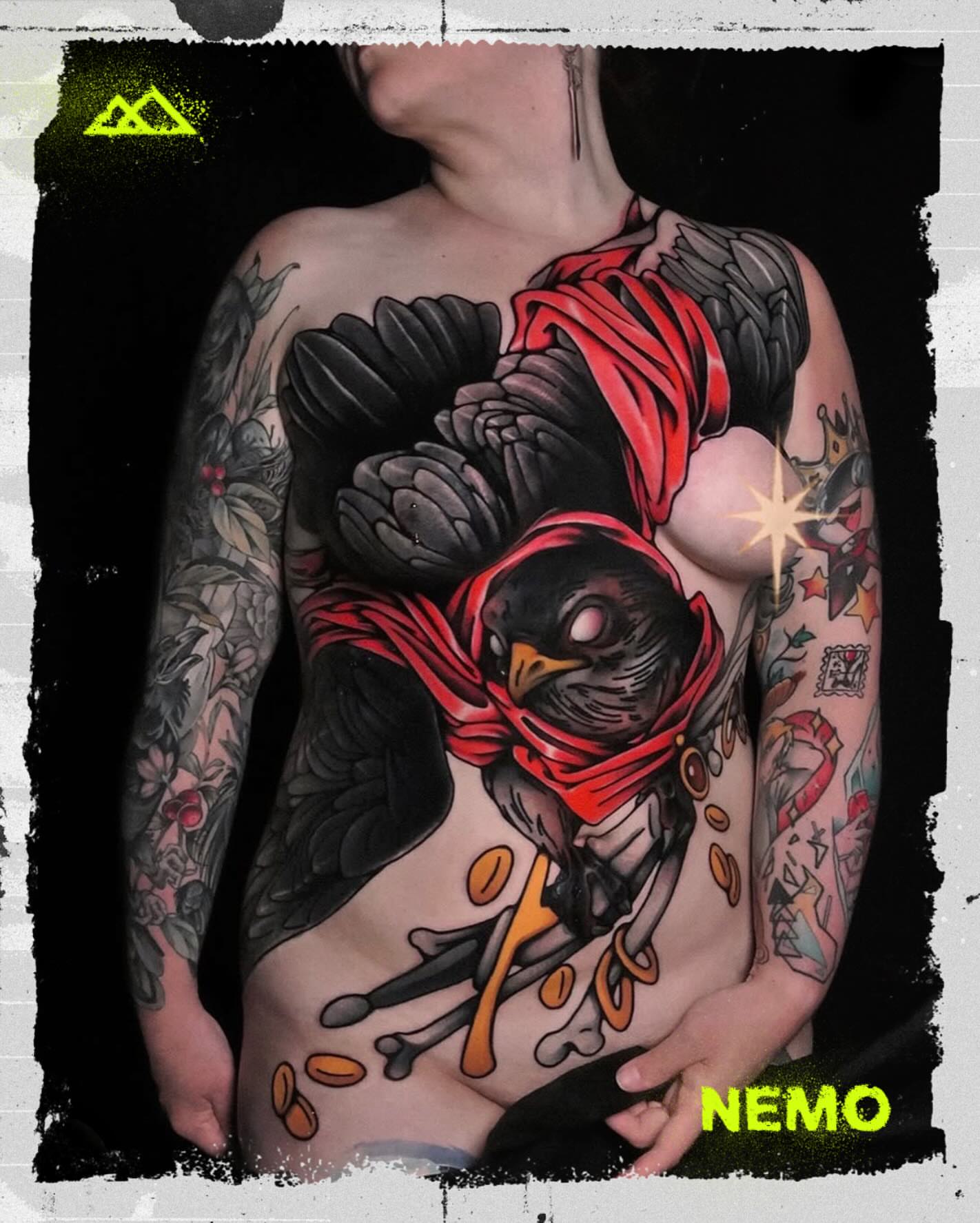 Crow with scarf neo-traditional tattoo on the torso by Last Year Of Disaster