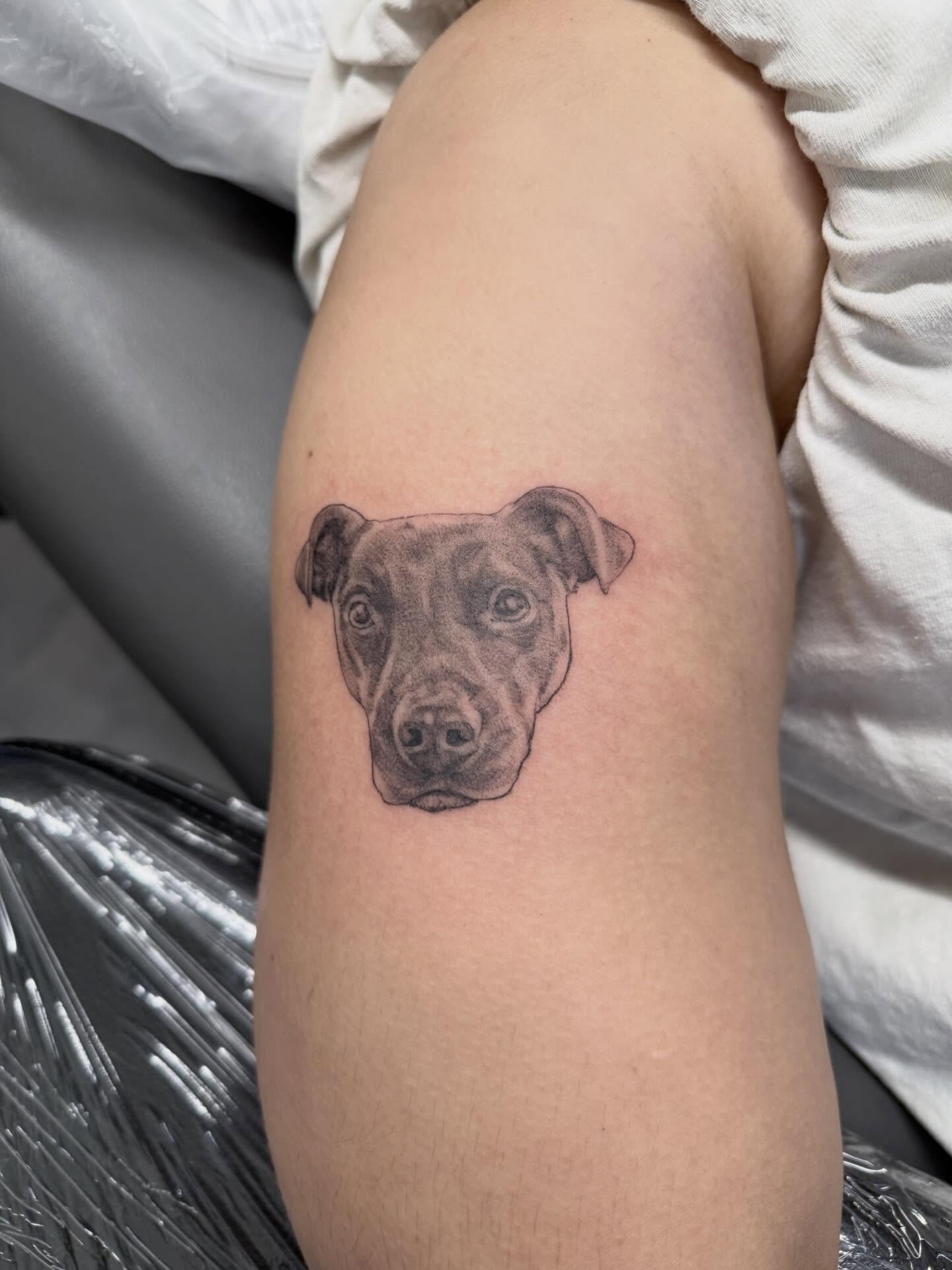 Dog head realism tattoo on the forearm by Peter Harren