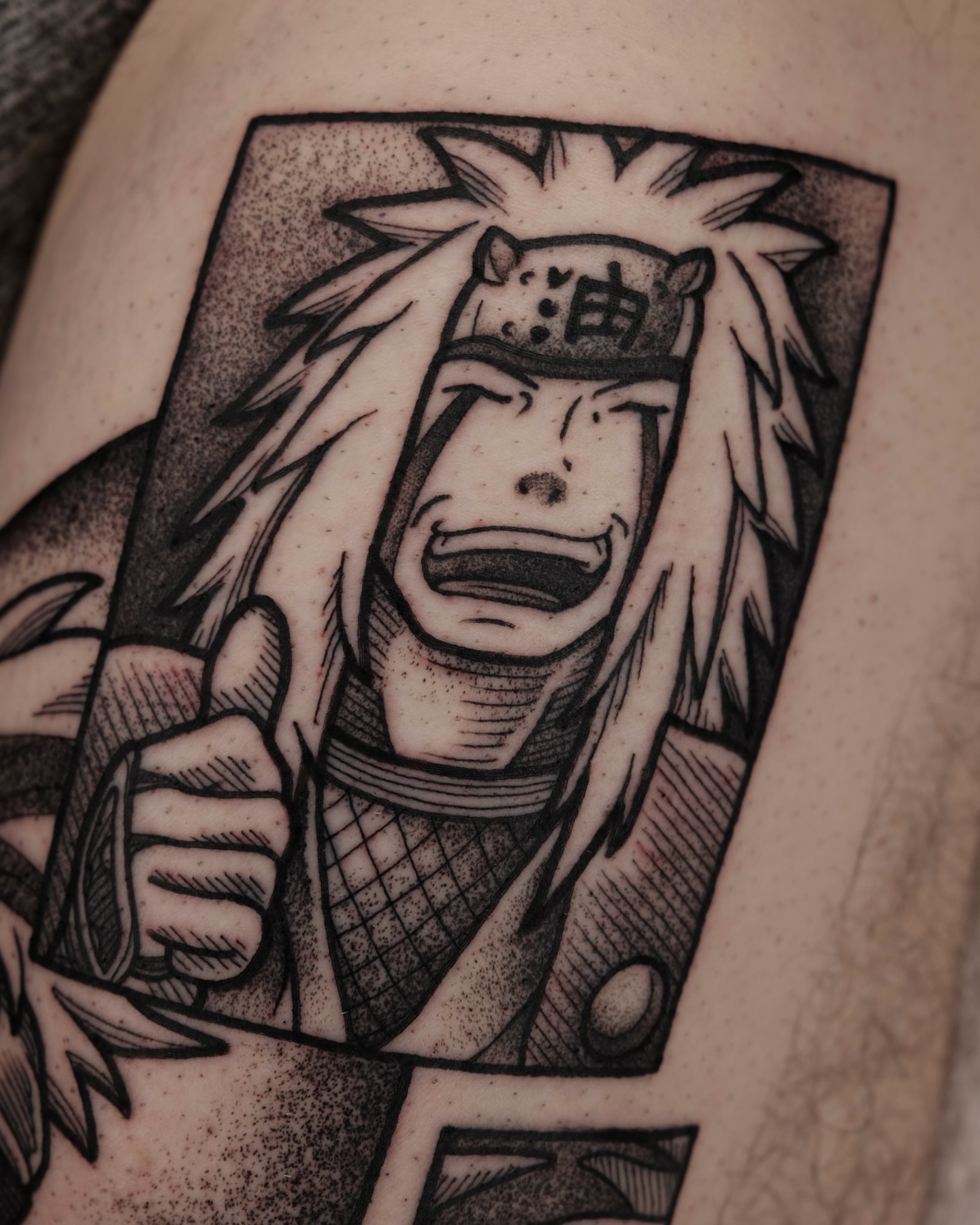 Jiraiya dotwork tattoo on the upper arm by Kyle Patrick