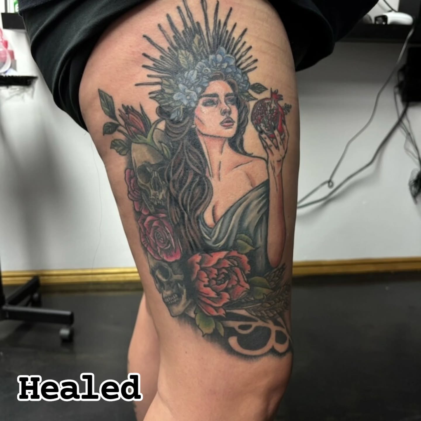 Woman with crown realism tattoo on the thigh by Jentrey McCausland
