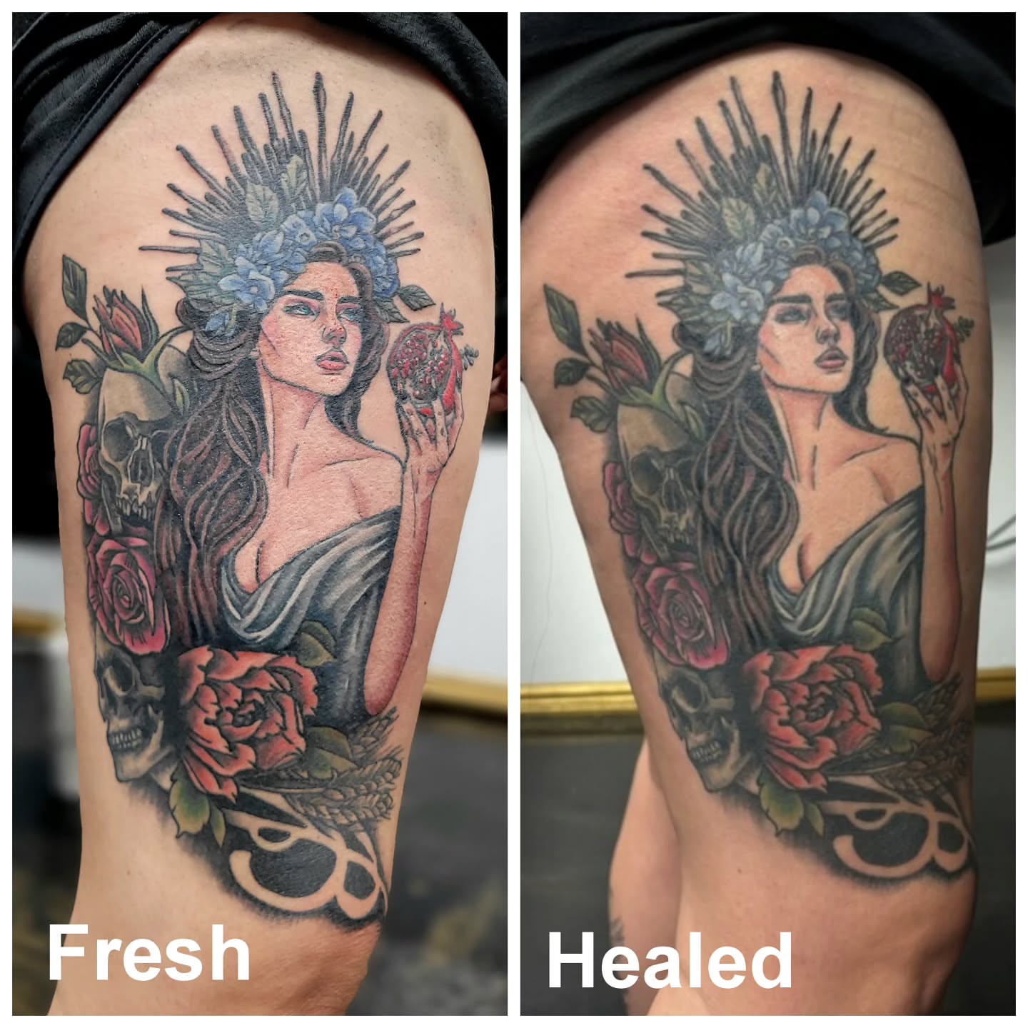 Woman with crown and pomegranate realism tattoo on the thigh by Jentrey McCausland