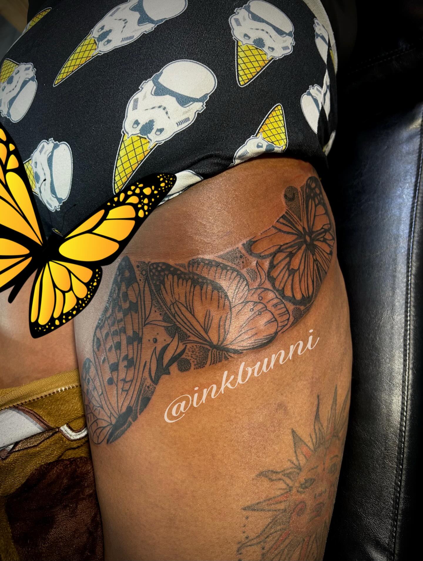 Butterflies dotwork tattoo on the thigh by Hailey Aka inkbunni, Detroit, Michigan