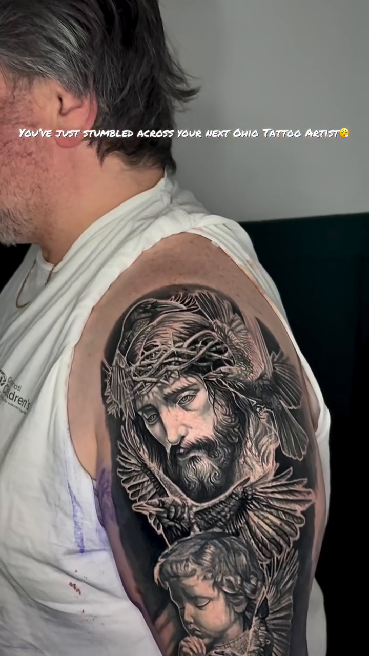 Jesus Christ and an angel realism tattoo by Jacee Hamilton