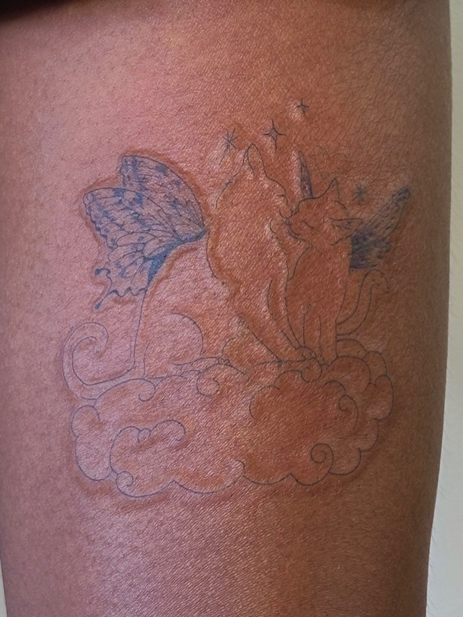 Cat and butterfly new school tattoo on the thigh by 𝗠𝗶𝗱𝗻𝗶𝗴𝗵𝘁 〰️ 𝕄𝕠𝕠𝕟𝕝𝕚𝕘𝕙𝕥