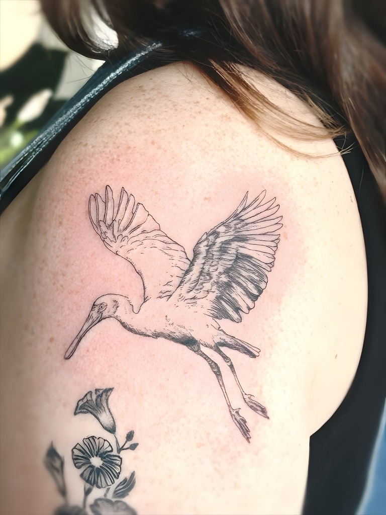 Bird flying black and grey tattoo on the shoulder by 𝗠𝗶𝗱𝗻𝗶𝗴𝗵𝘁 〰️ 𝕄𝕠𝕠𝕟𝕝𝕚𝕘𝕙𝕥
