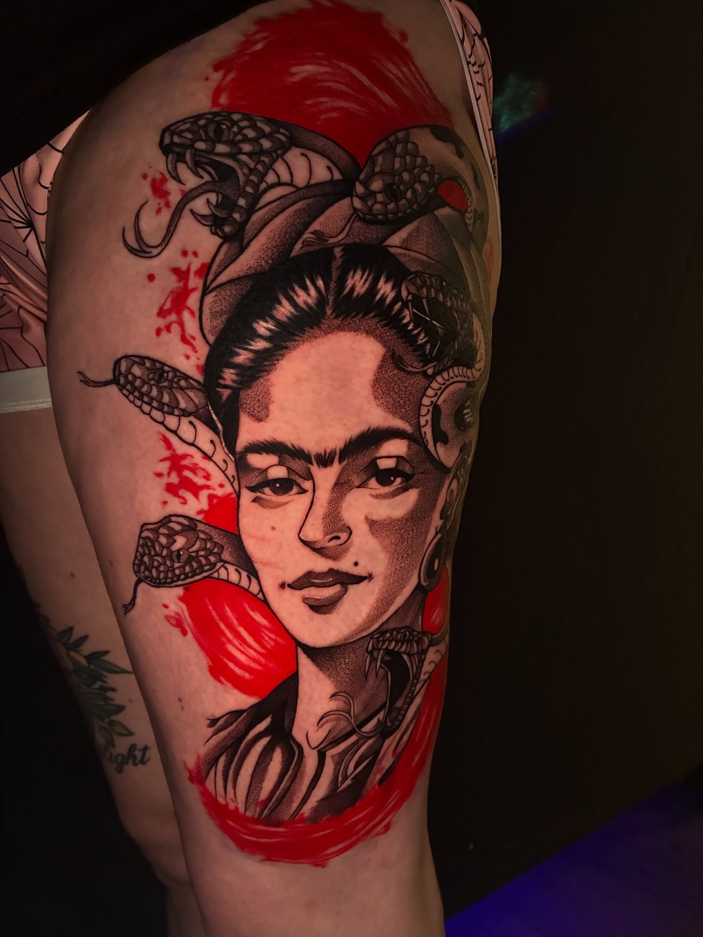 Frida Kahlo portrait realism tattoo on the thigh by Colton🎨