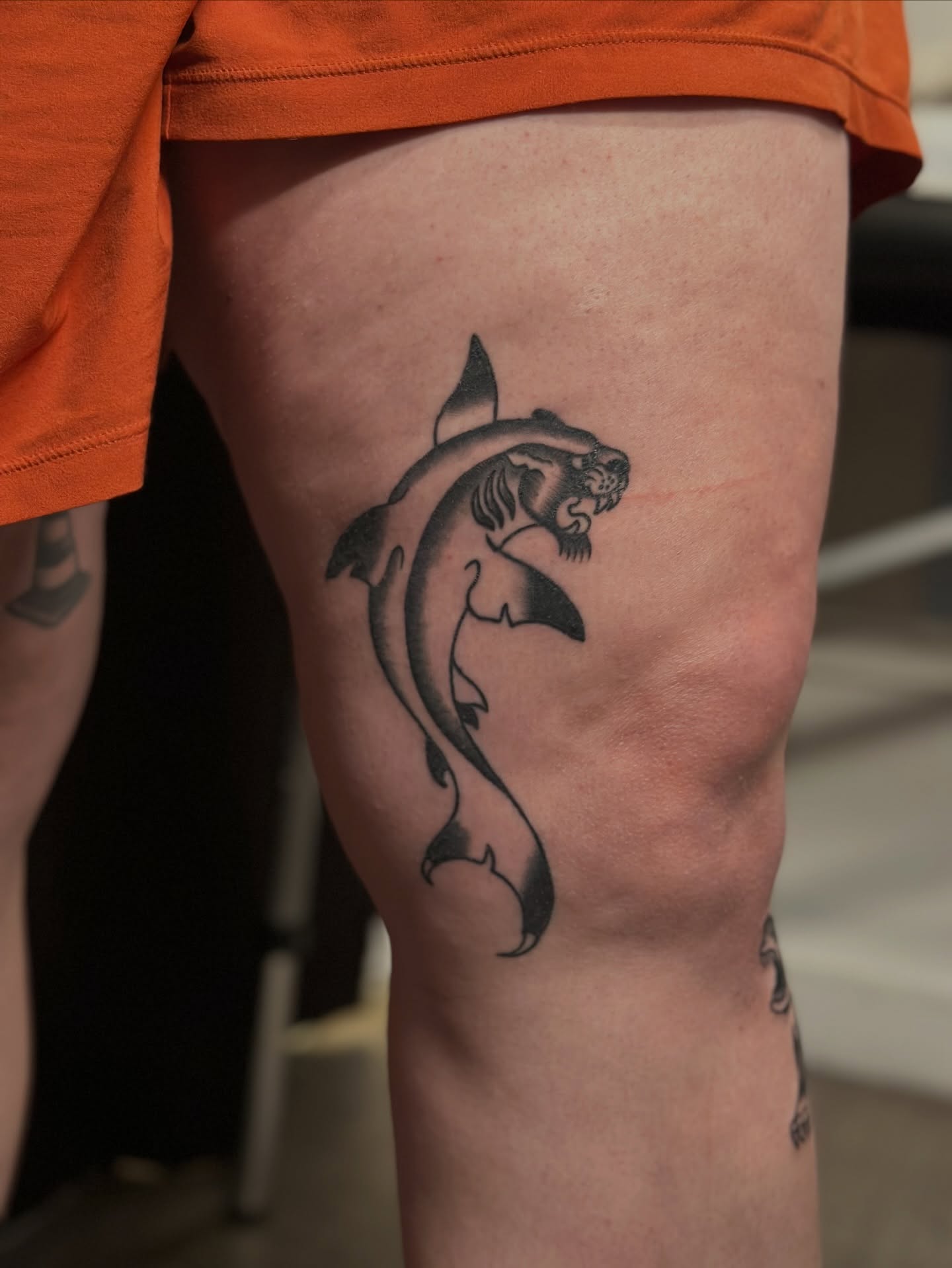 Shark black and grey tattoo on the thigh by Tyyler Santor (Tattoo Artist), Somerville, Massachusetts