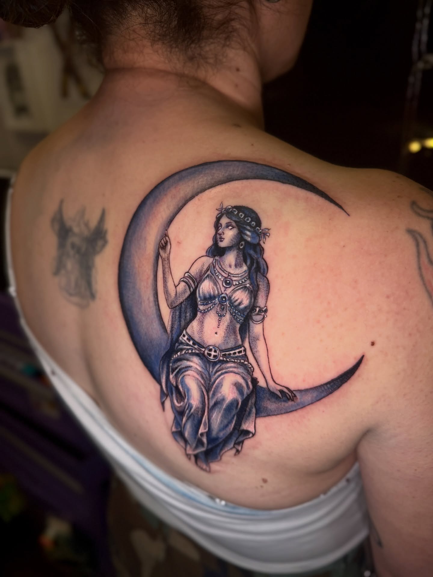 Woman on crescent moon realism tattoo on the back by ❈°binx°❈