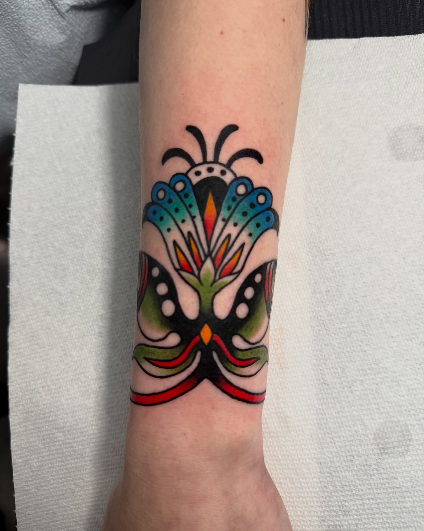 Butterfly American traditional tattoo on the forearm by derrick b. π² Modern Traditional Tattoo