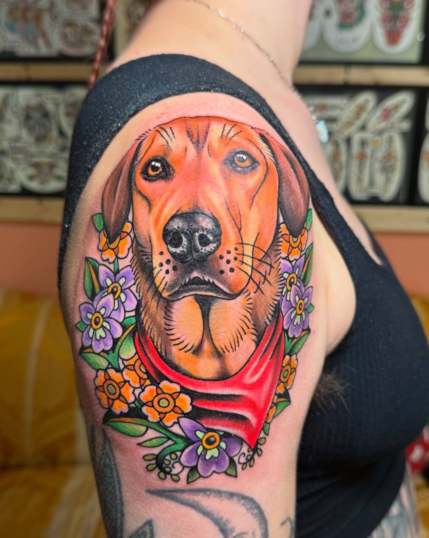 Dog portrait realism tattoo on the shoulder by derrick b. π² Modern Traditional Tattoo