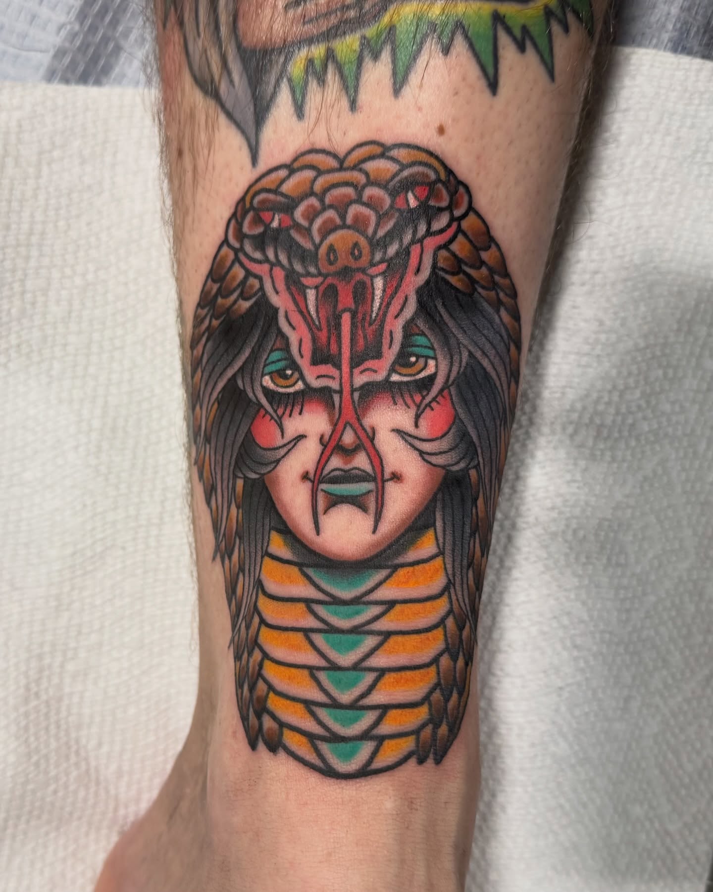 Woman with snake headdress American traditional tattoo on the forearm by derrick b. π² Modern Traditional Tattoo