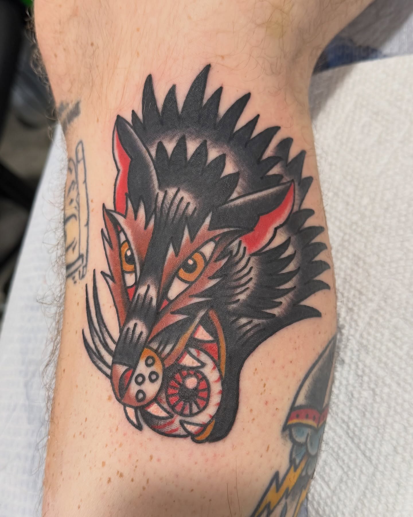 Wolf American traditional tattoo on the forearm by derrick b. π² Modern Traditional Tattoo