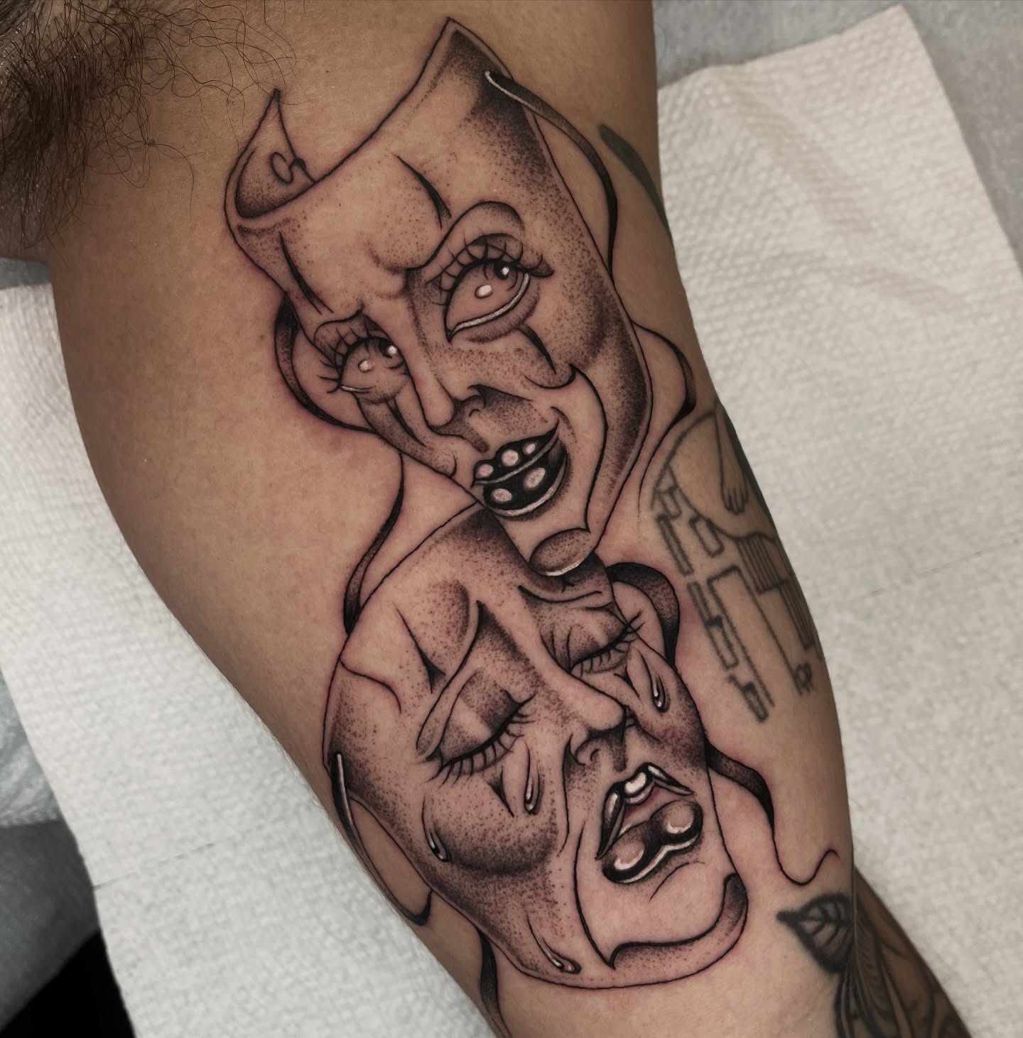 Demon heads dotwork tattoo on the forearm by Jesus Pieces