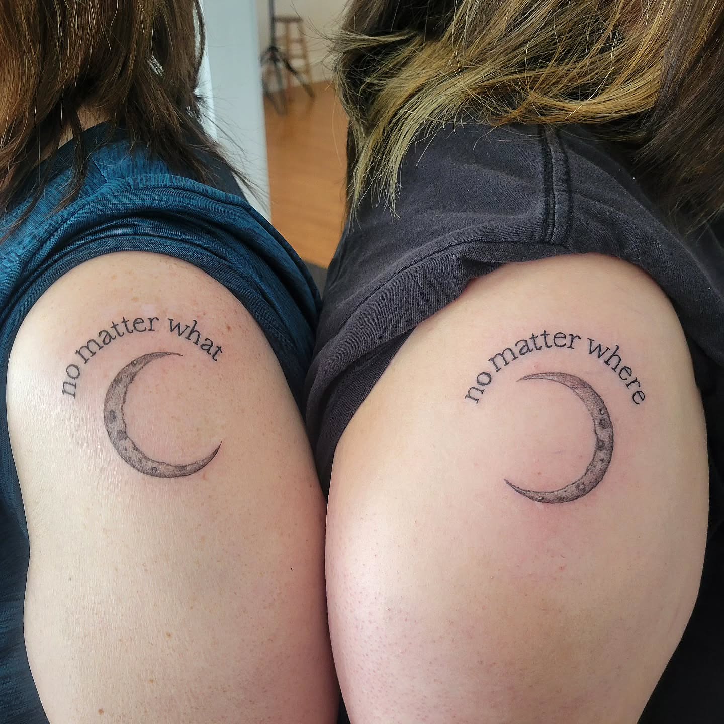 Moon and phrase black and grey tattoo on the shoulder by Solstice Tattoos by Savannah Sadler (future, Salisbury, North Carolina