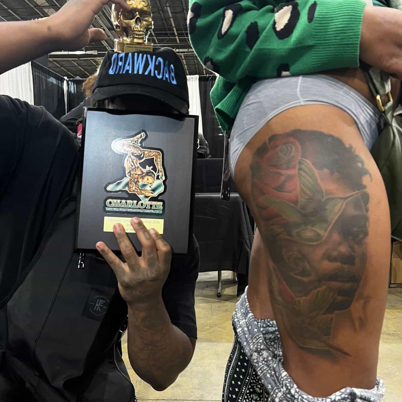 Man with tattoo realism tattoo on the thigh by Tyler Cromwell
