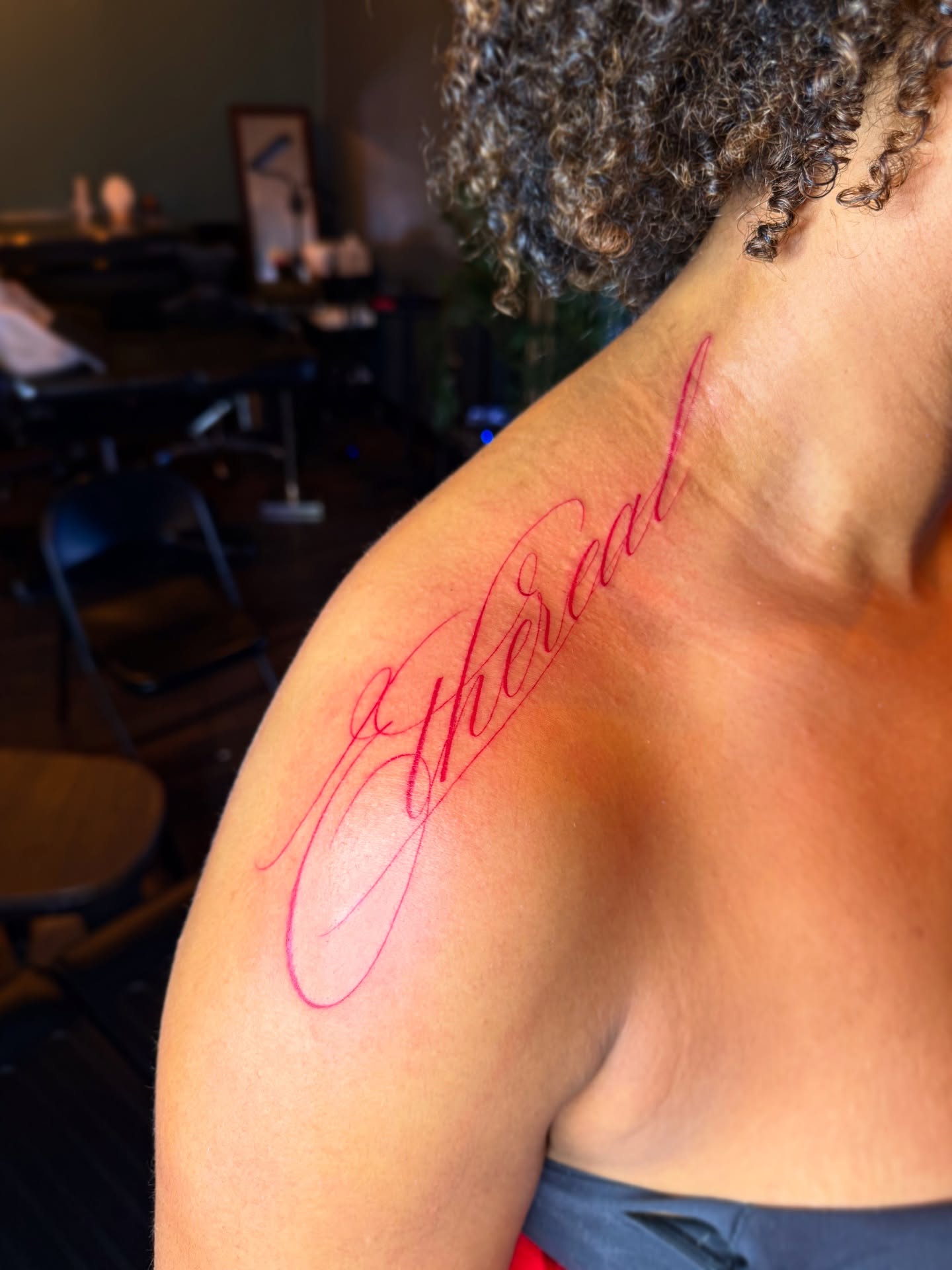Script lettering lettering script tattoo on the shoulder by Jevon Glasco Tattoos