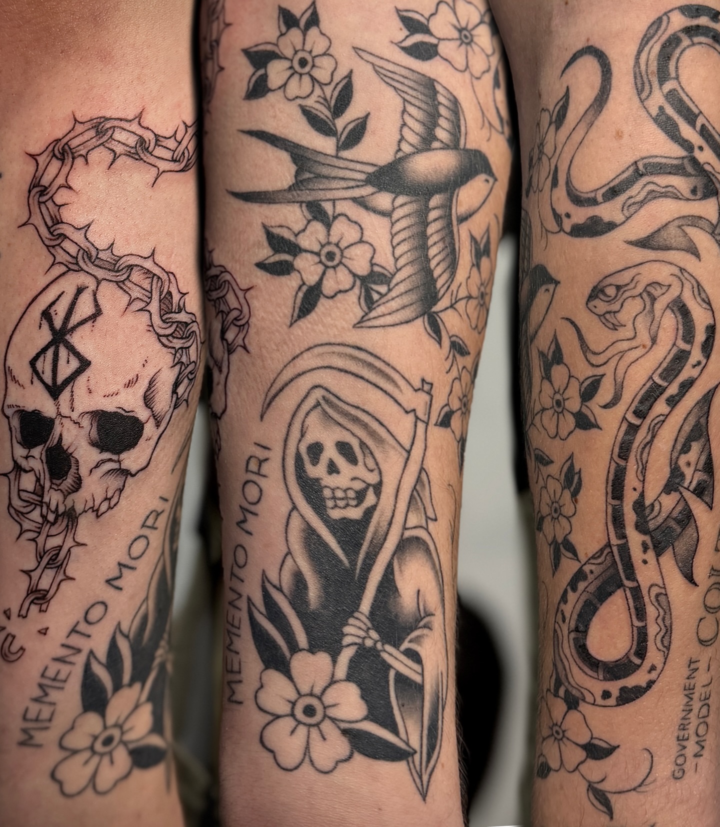 Reaper and flowers American traditional tattoo on the forearm by 𝐀𝐝𝐫𝐢𝐞𝐥 𝐓𝐢𝐧𝐤𝐥𝐞𝐧𝐛𝐞𝐫𝐠 ⏾, Denison, Iowa