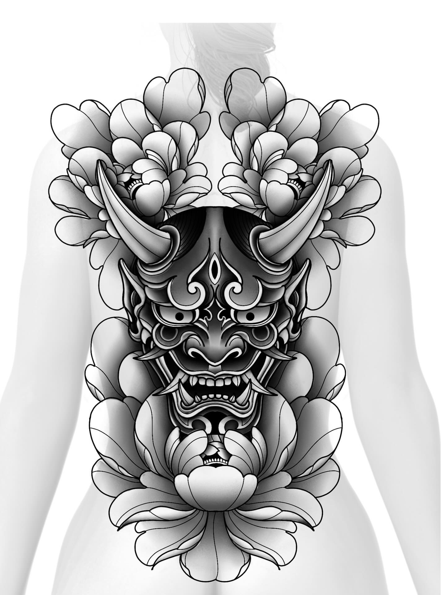 Mask and lotus japanese irezumi tattoo on the back by Elizabeth Tabler