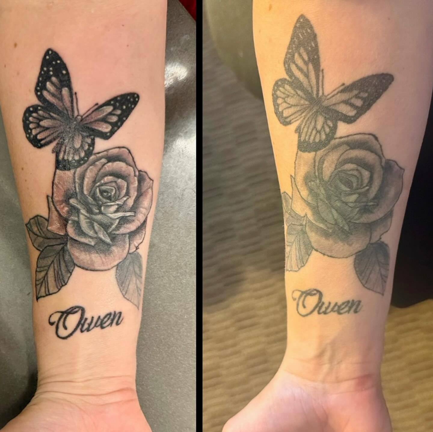 Butterfly and rose black and grey tattoo on the forearm by Nina Rush