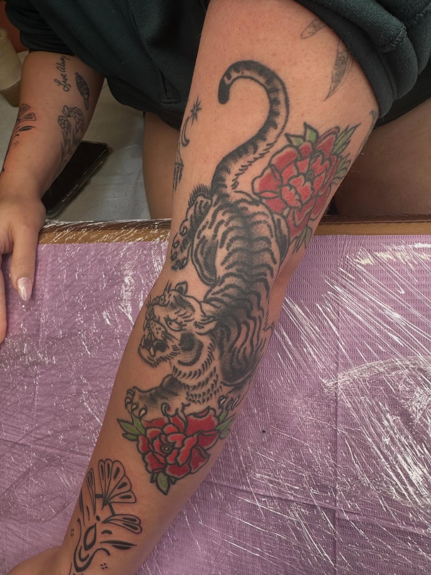Tiger and roses American traditional tattoo on the forearm by Alex Gunshefski