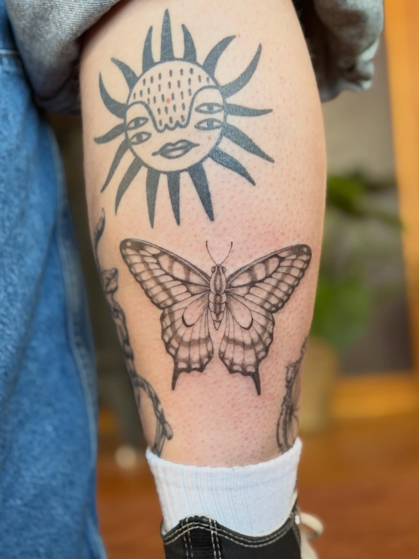Sun and butterfly dotwork tattoo on the thigh by ⊹ Avery Peterson ⊹