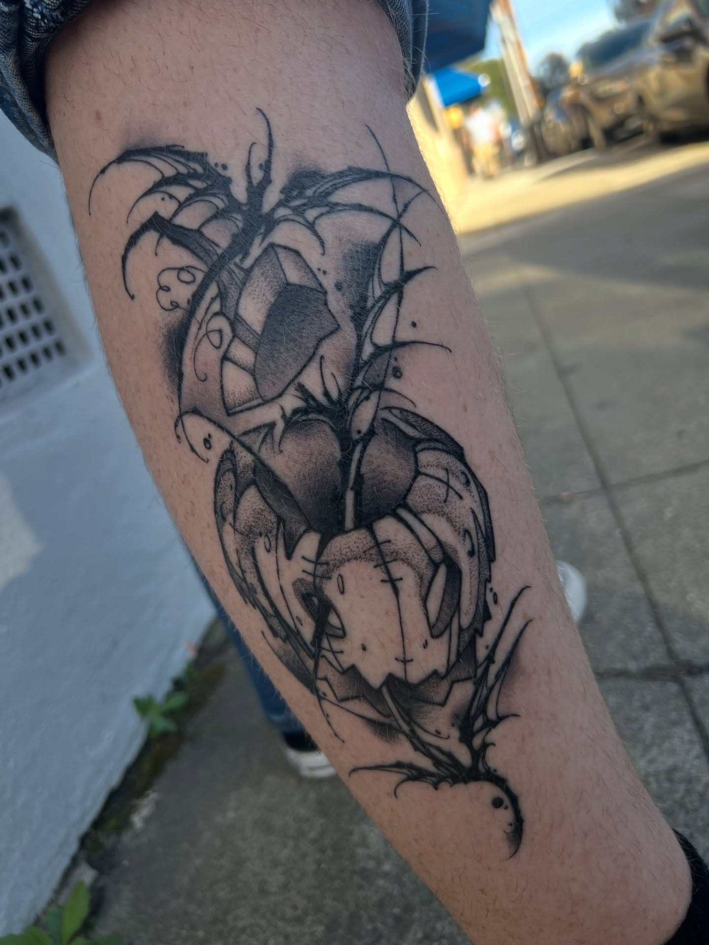 Heart with dragon dotwork tattoo on the forearm by Owen Smith -OEOS- SF
