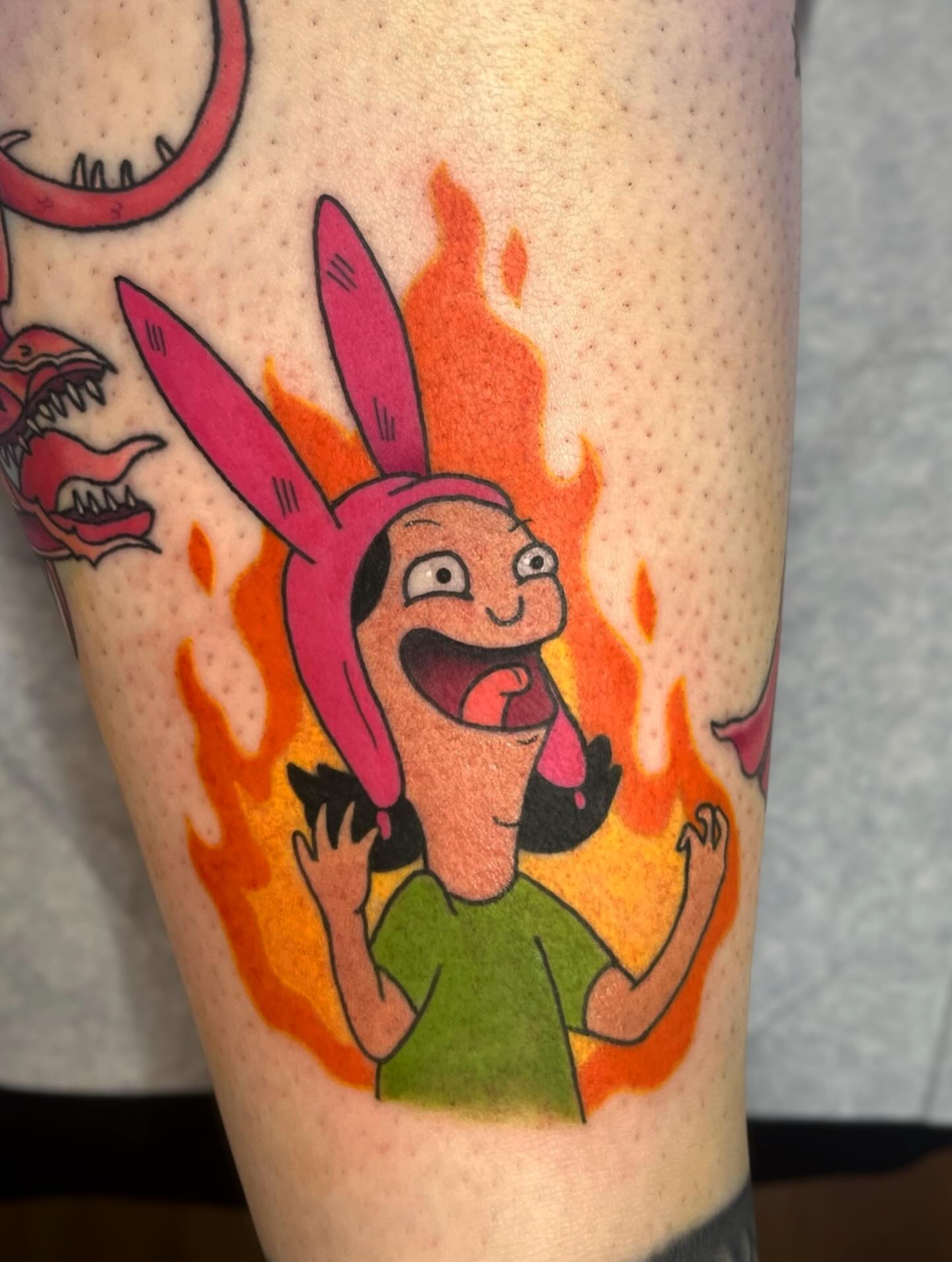 Bob's Burgers character dotwork tattoo on the forearm by Nicole Skalski