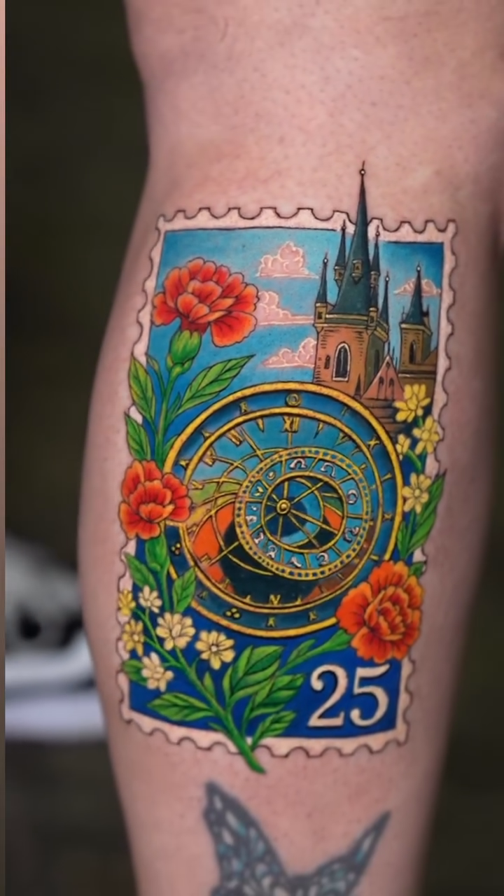Prague Astronomical Clock stamp neo-traditional tattoo by Dharma.tattoo