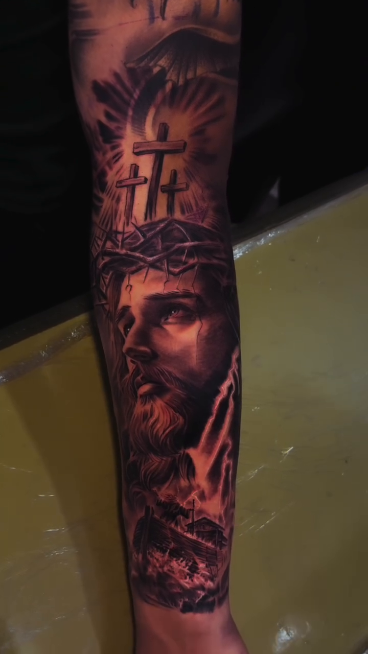 Jesus Christ portrait realism tattoo by Miguel Garcia