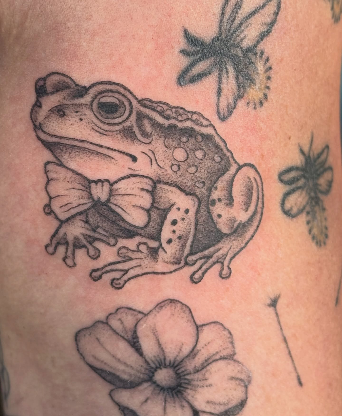 Frog dotwork tattoo on the thigh by Bronzino Ink - Karen, Asheville, North Carolina