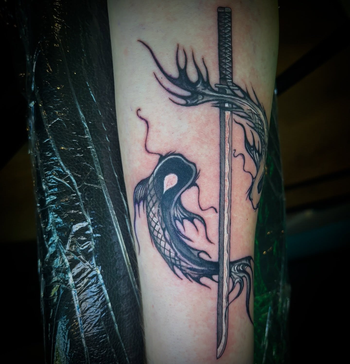 Koi fish and sword japanese irezumi tattoo on the forearm by Kiwi🌱☀️