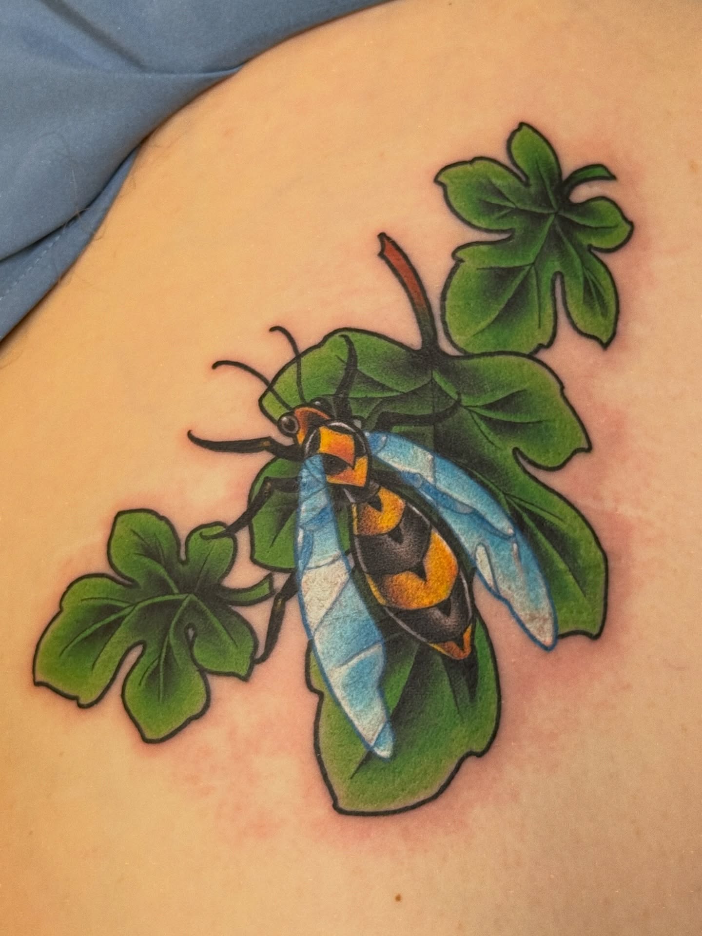Butterfly and leaves American traditional tattoo on the shoulder by Anna Wall
