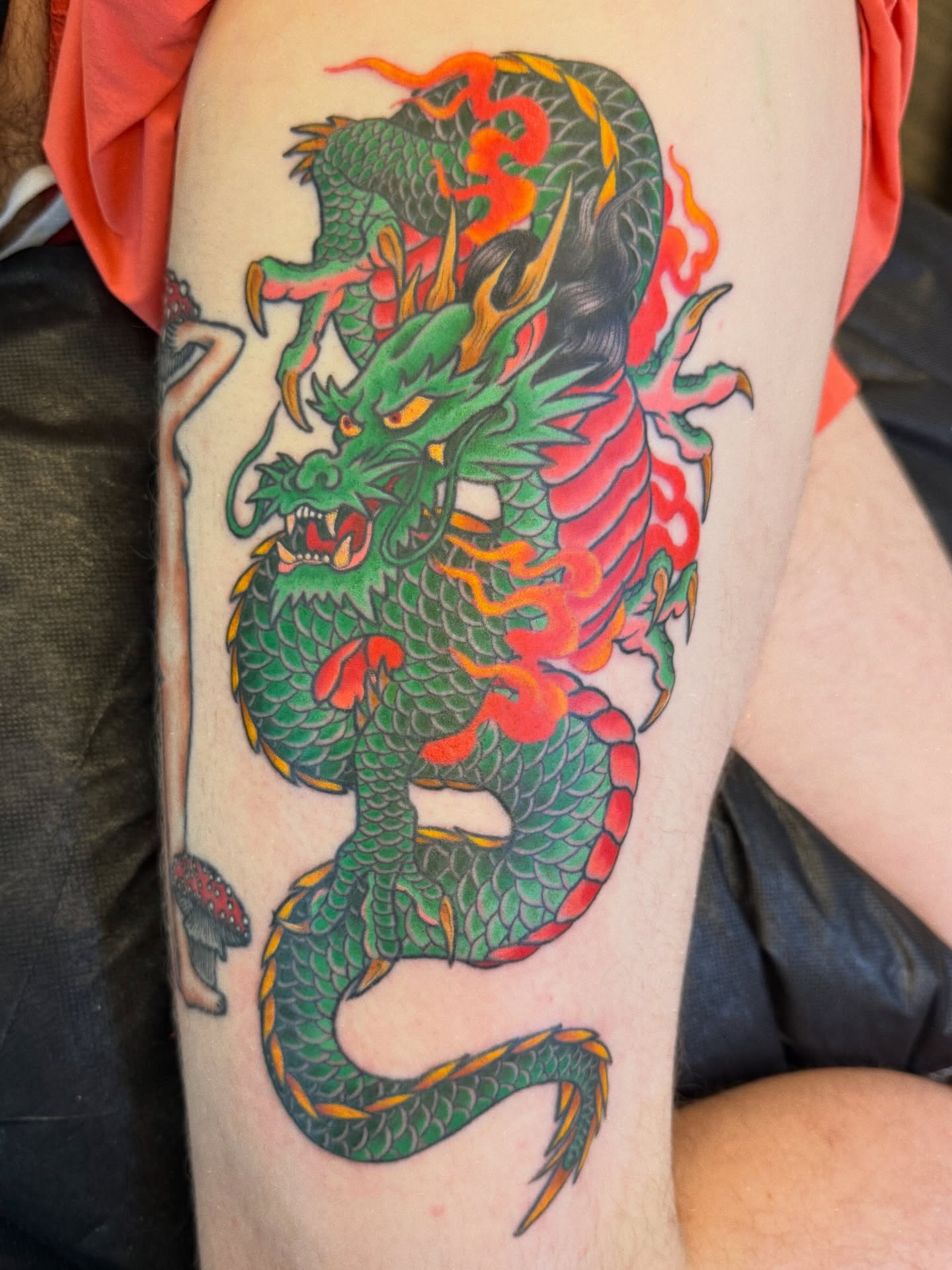 Dragon japanese irezumi tattoo on the thigh by Anna Wall