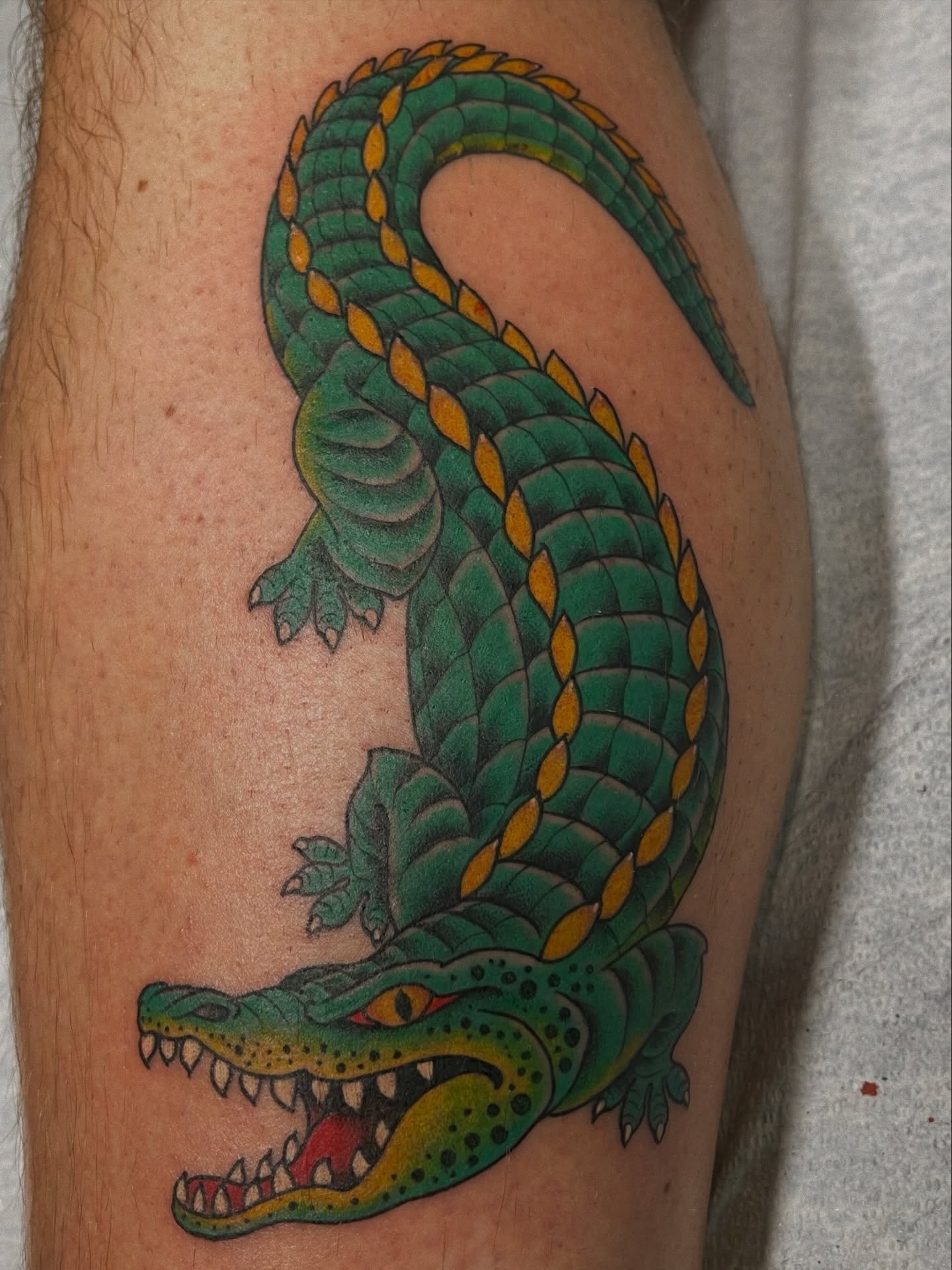 Alligator American traditional tattoo on the forearm by Anna Wall