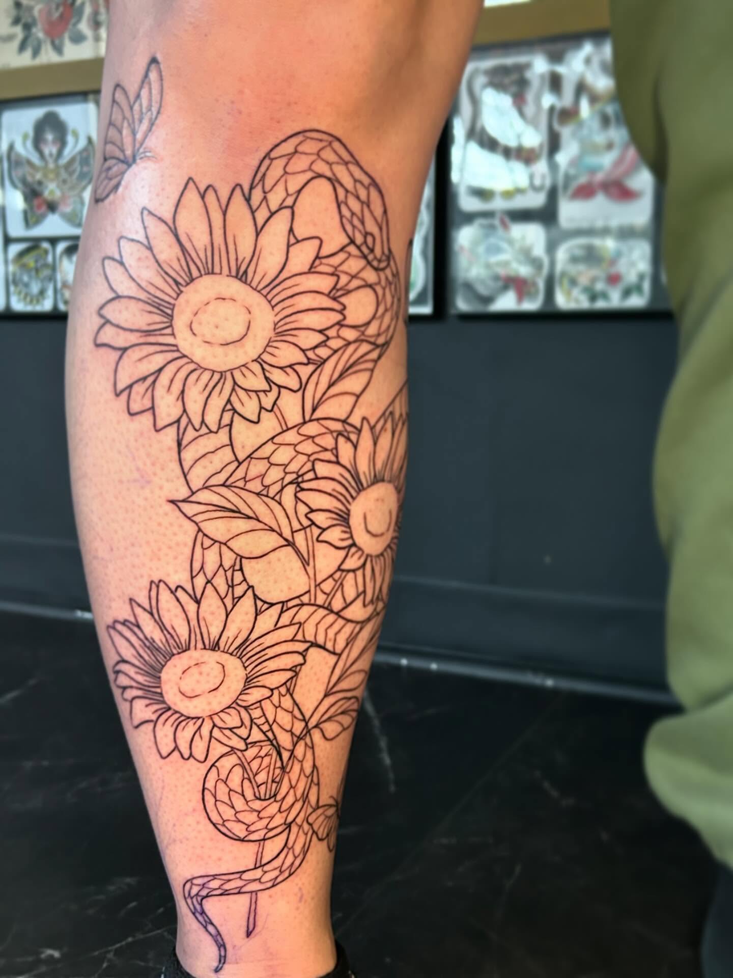 Sunflowers black and grey tattoo on the forearm by 🕸🖤Kass🖤🕸