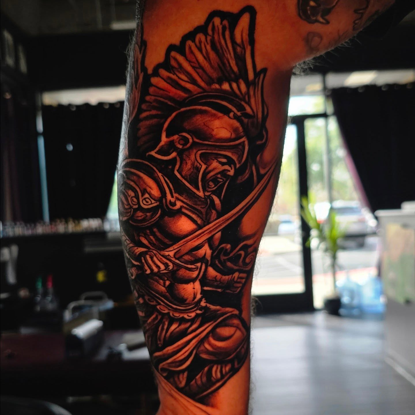 Gladiator warrior realism tattoo on the forearm by Drew Siciliano, Glendale, Arizona