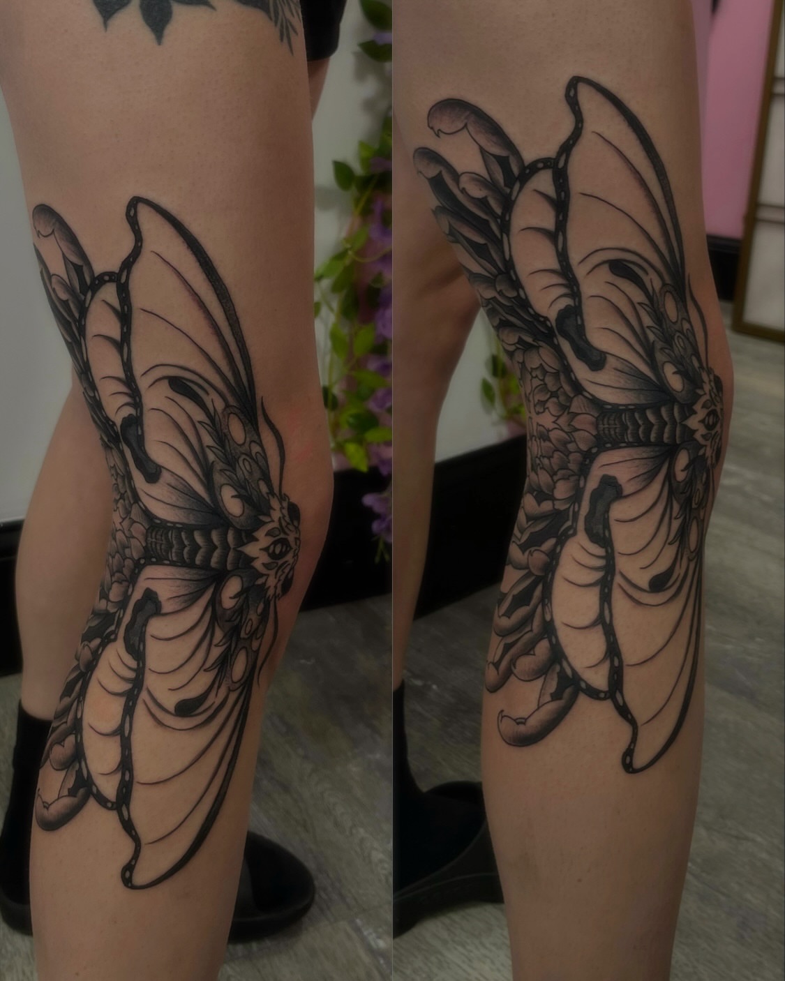 Moth black and grey tattoo on the thigh by Garden Glow Tattoo