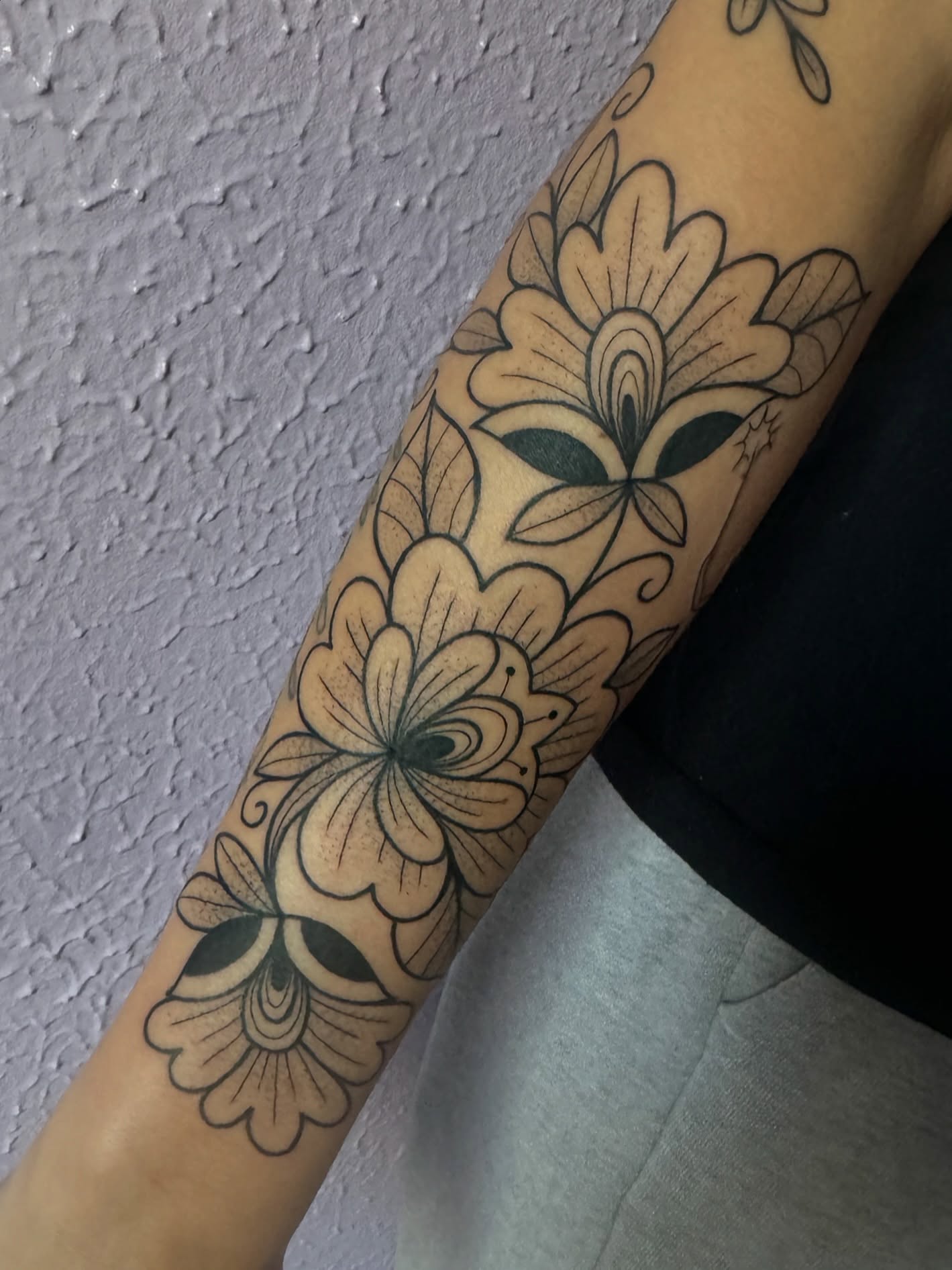 Floral black and grey tattoo on the forearm by ꧁꧁Hayley꧂꧂