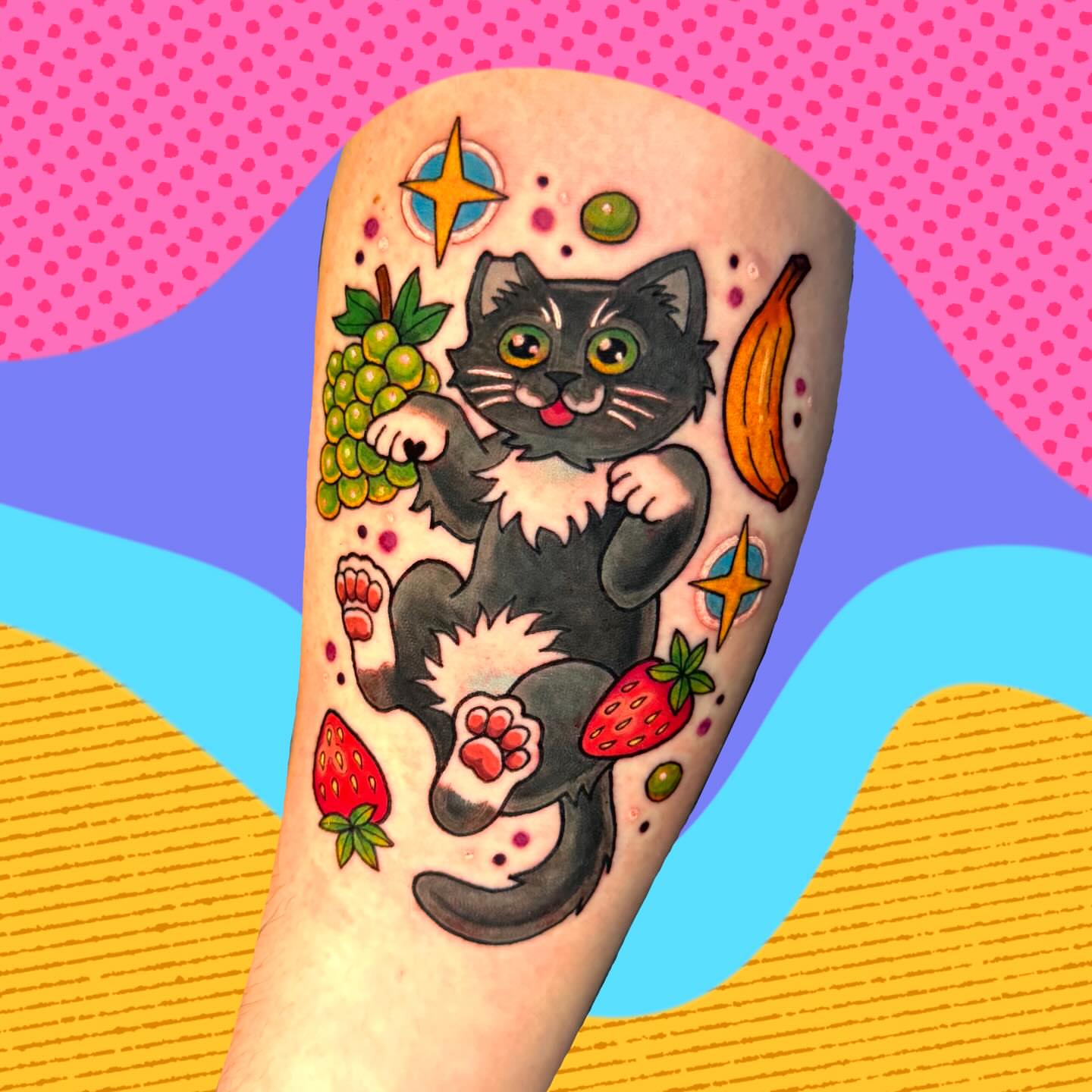 Cat American traditional tattoo on the forearm by π. ππππ, San Francisco, California