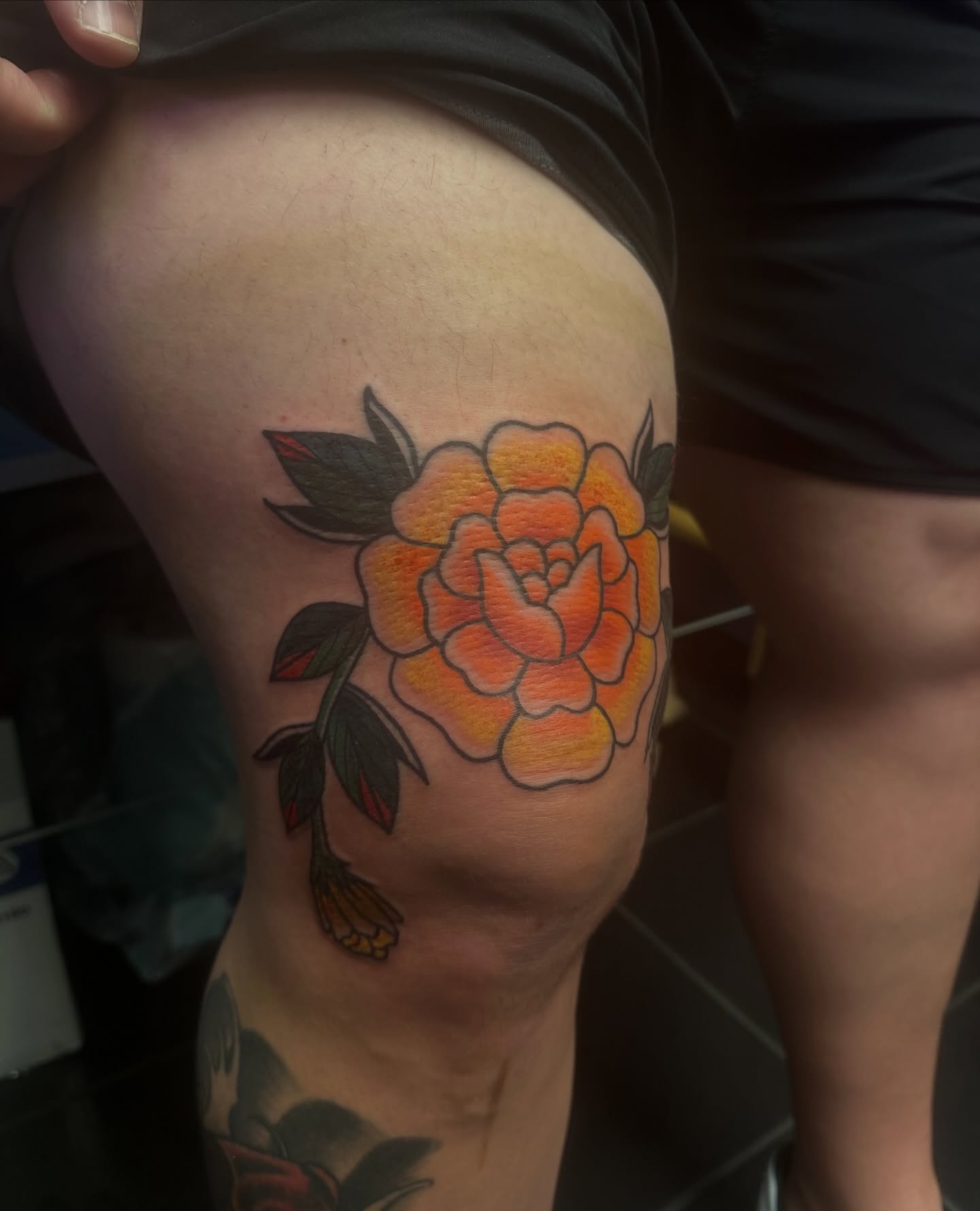 Peony American traditional tattoo on the thigh by Carly🪲 greensboro tattoo artist, Greensboro, North Carolina