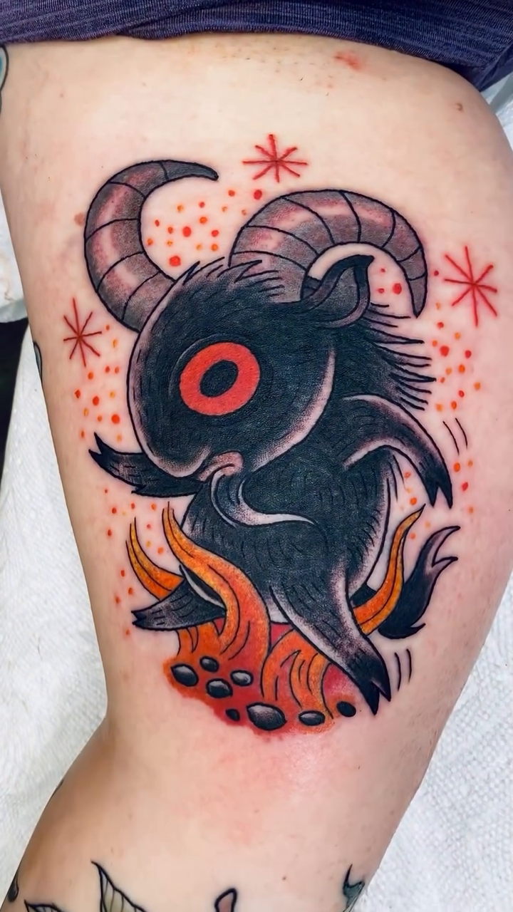 Goat demon and flames neo-traditional tattoo by Aidan Monahan Tattoo