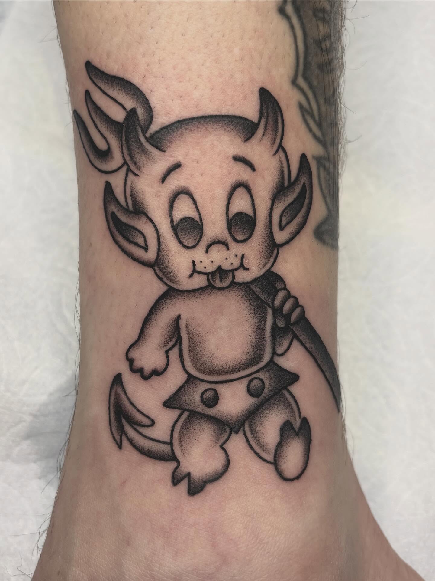 Baby devil dotwork tattoo on the forearm by ๐๐๐ฏ๐ข๐ซ