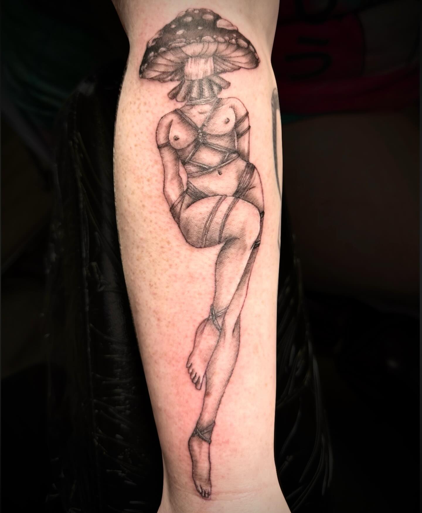 Mushroom woman black and grey tattoo on the forearm by 🌜🔮✨Anya Casey✨🔮🌛