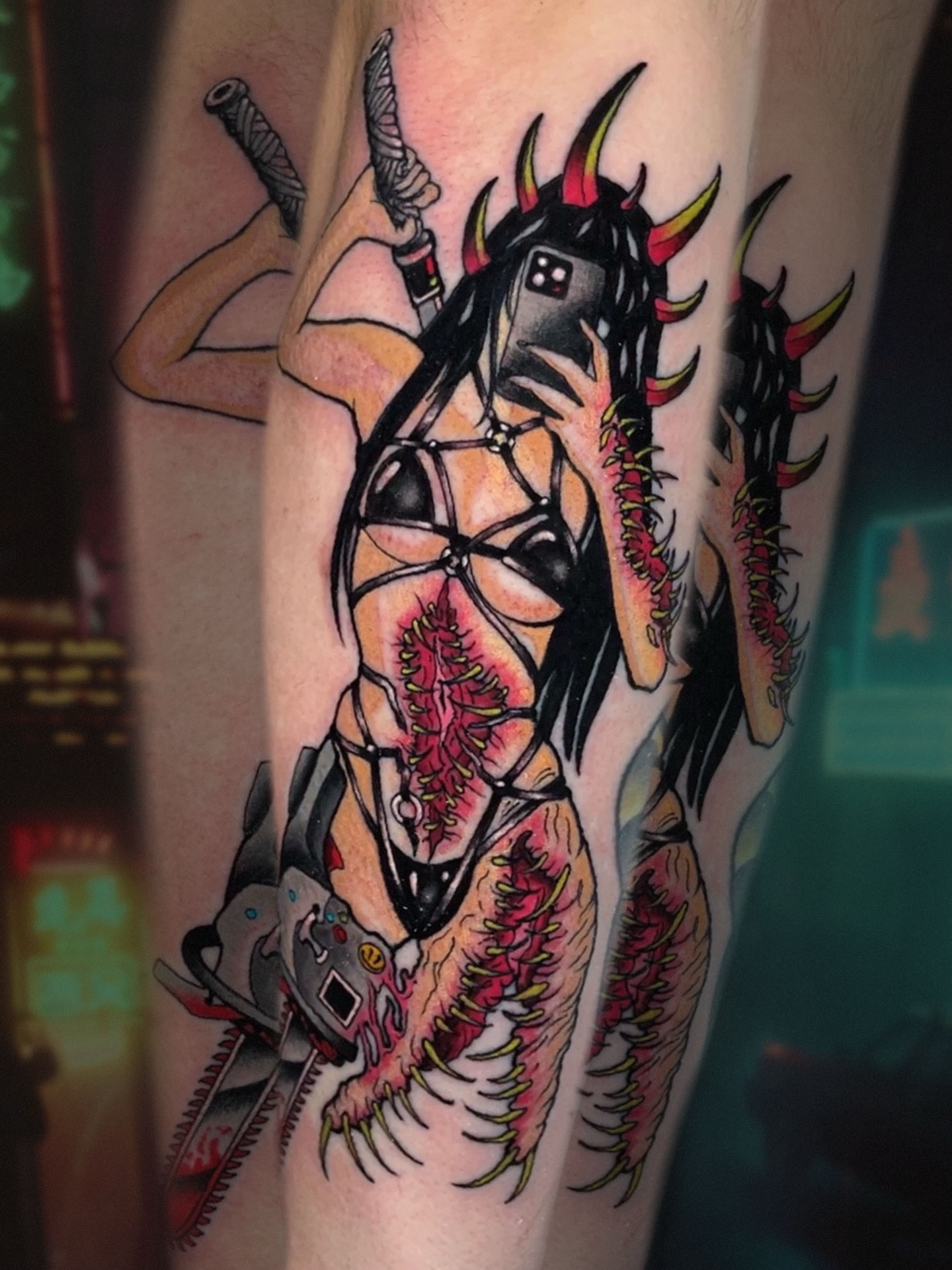 Demon horse American traditional tattoo on the forearm by Shane Klos