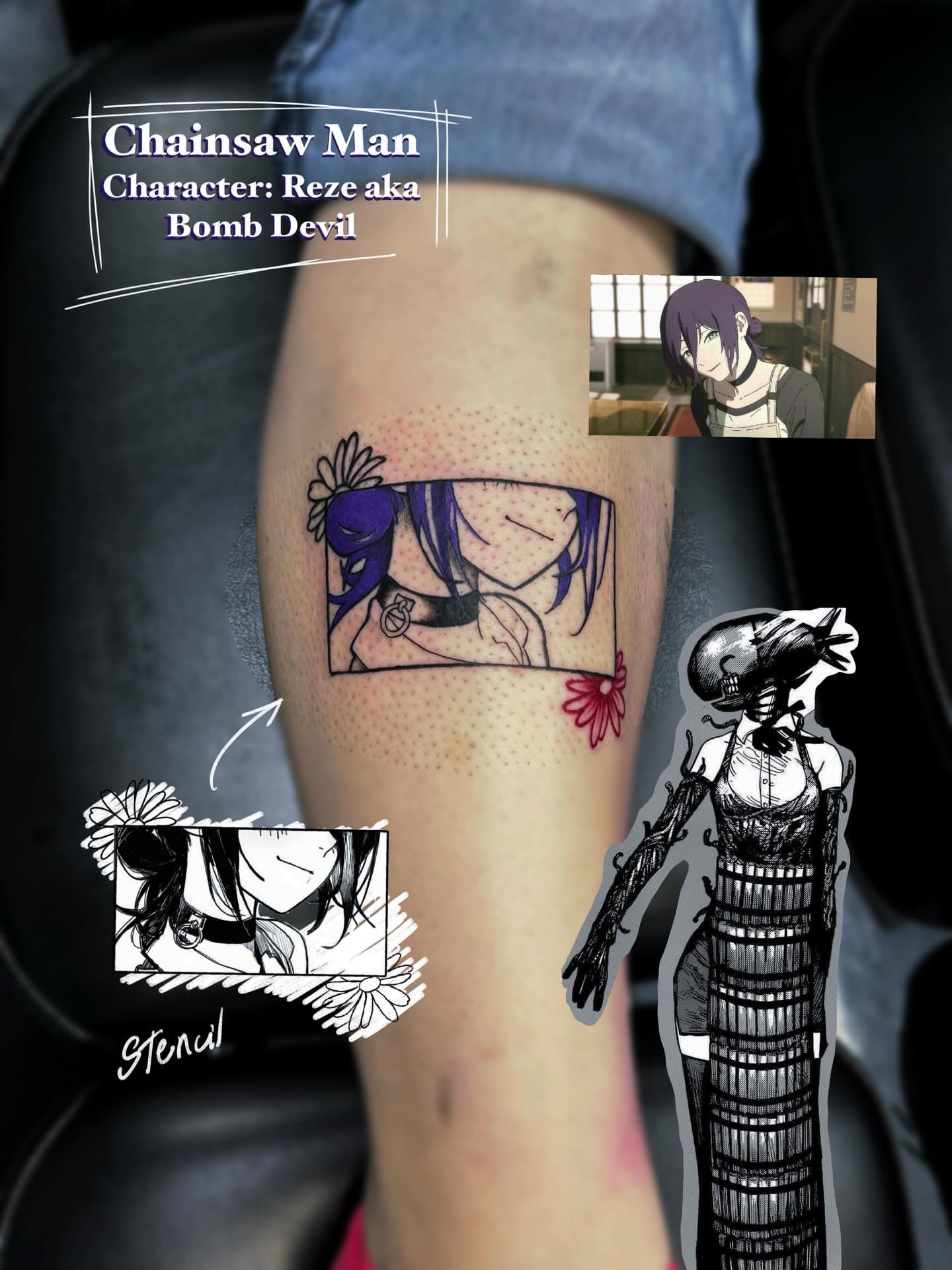 Reze from Chainsaw Man dotwork tattoo on the forearm by Marie Amor🌙