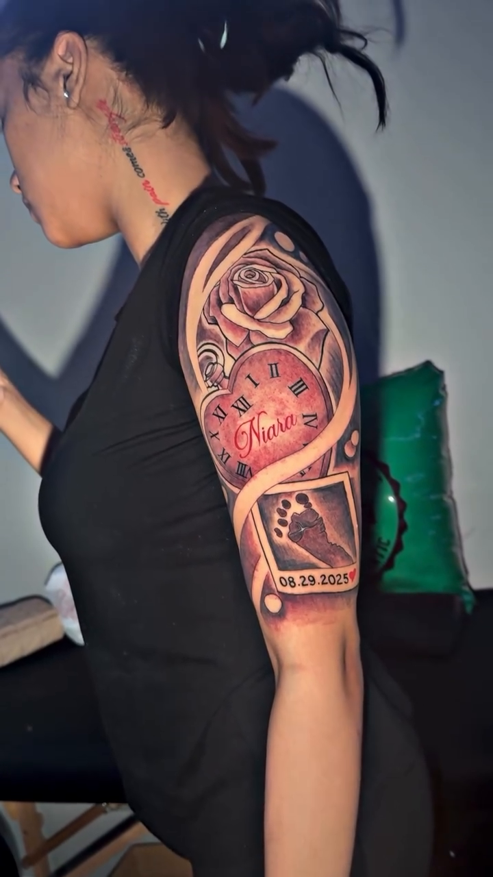Clock, rose, and playing cards realism tattoo by Atlanta Tattoo Artist βπ½